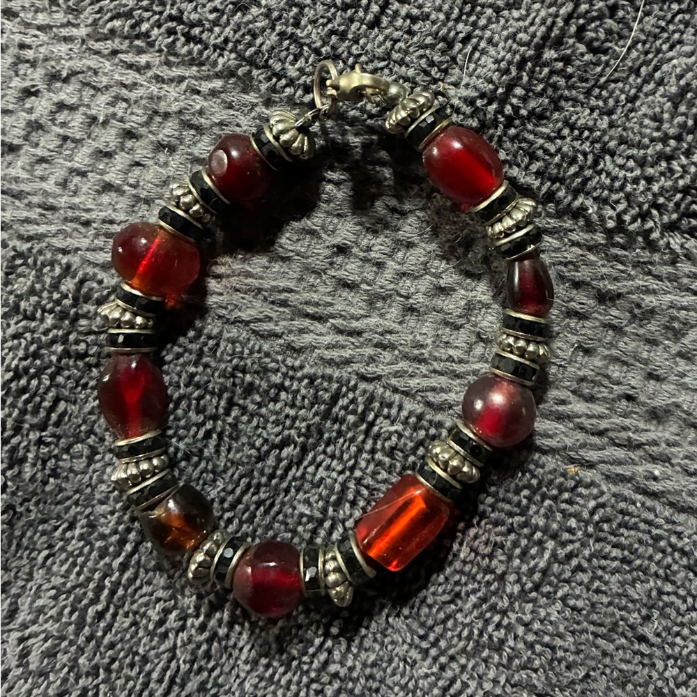 Red Beaded Bracelet with Silver Accents - Women's Jewelry